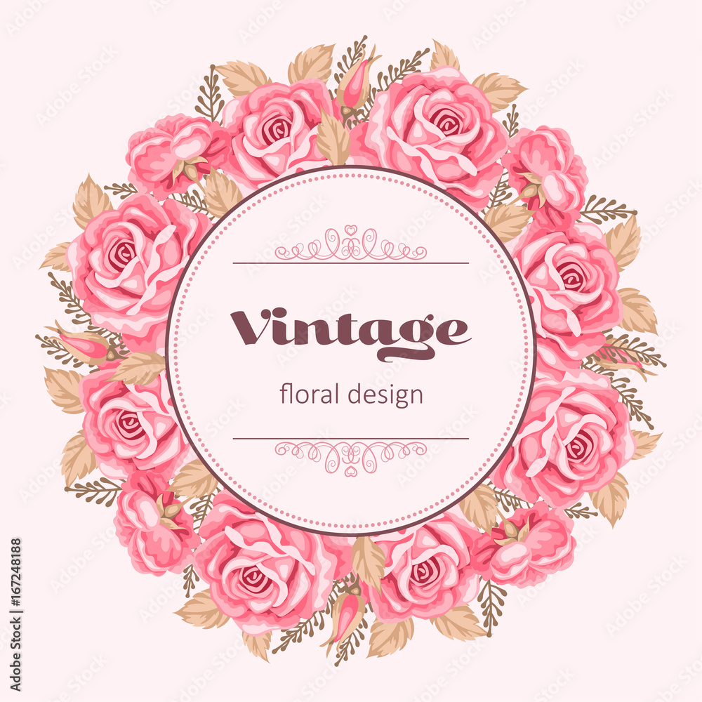Greeting card or invitation template with roses. Vector Illustration in retro style.