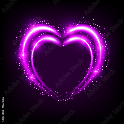 Shiny heart-shaped frame on black background. Holiday vector illustration