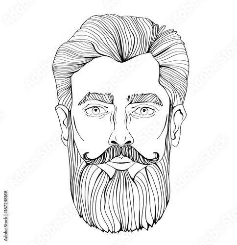 The face of a bearded man. Vector portrait illustration, isolated on white background. Outline drawing.