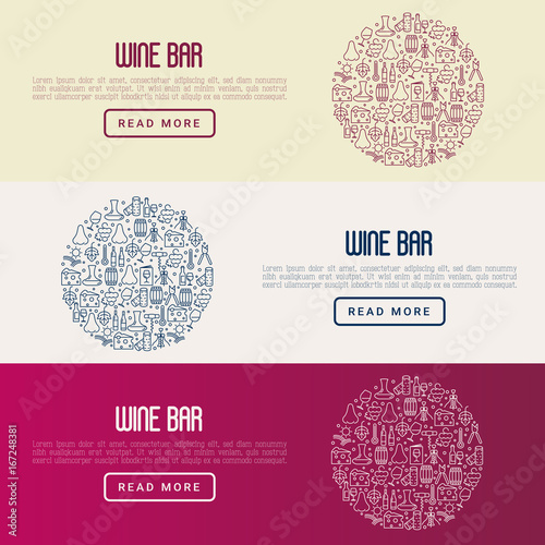Wine bar concept for restaurant menu of natural alcohol drinks. Vector illustration with thin line icons related with wine making and winery.