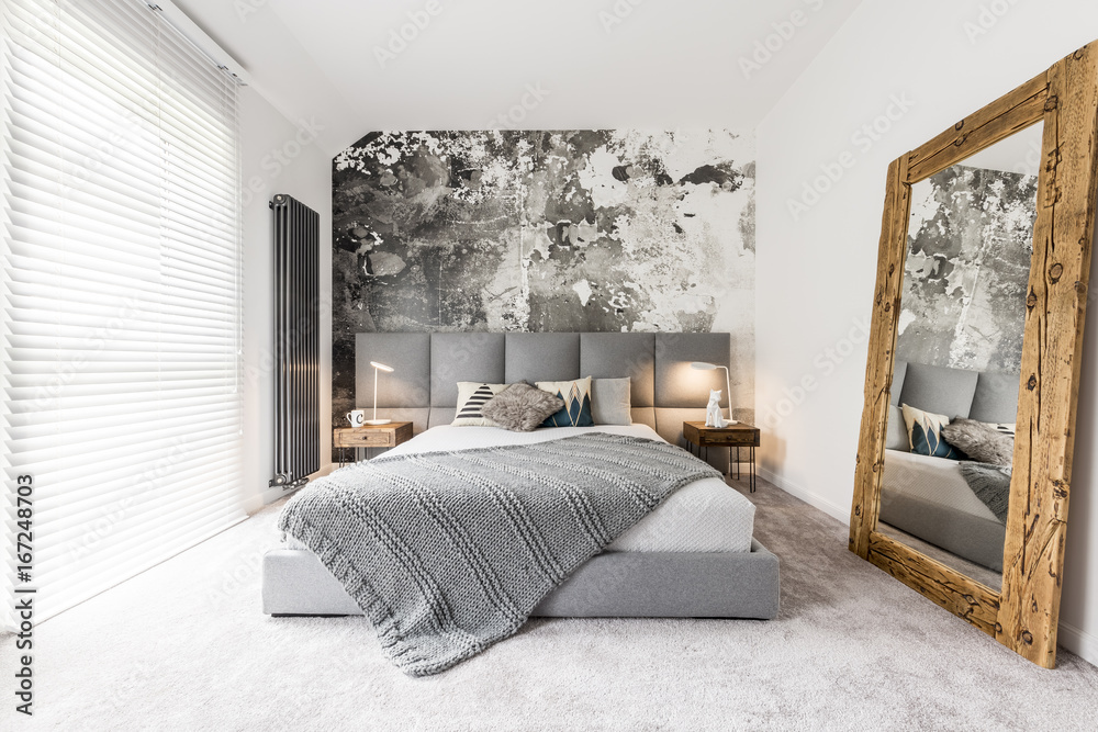 Bedroom with large wooden mirror - obrazy, fototapety, plakaty 