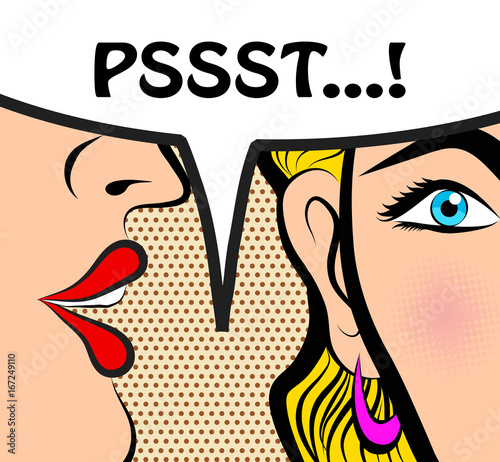 Pop Art style comic book panel gossip girl whispering in ear secrets with speech bubble, rumor, word-of-mouth concept vector illustration