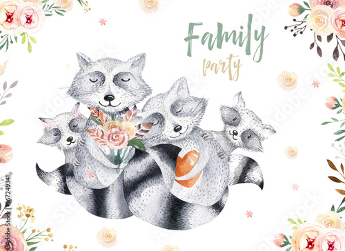 Cute baby raccon nursery animal isolated illustration for children. Bohemian watercolor boho forest raccons family drawing, watercolour image. Perfect for nursery posters, patterns. Birthday photo