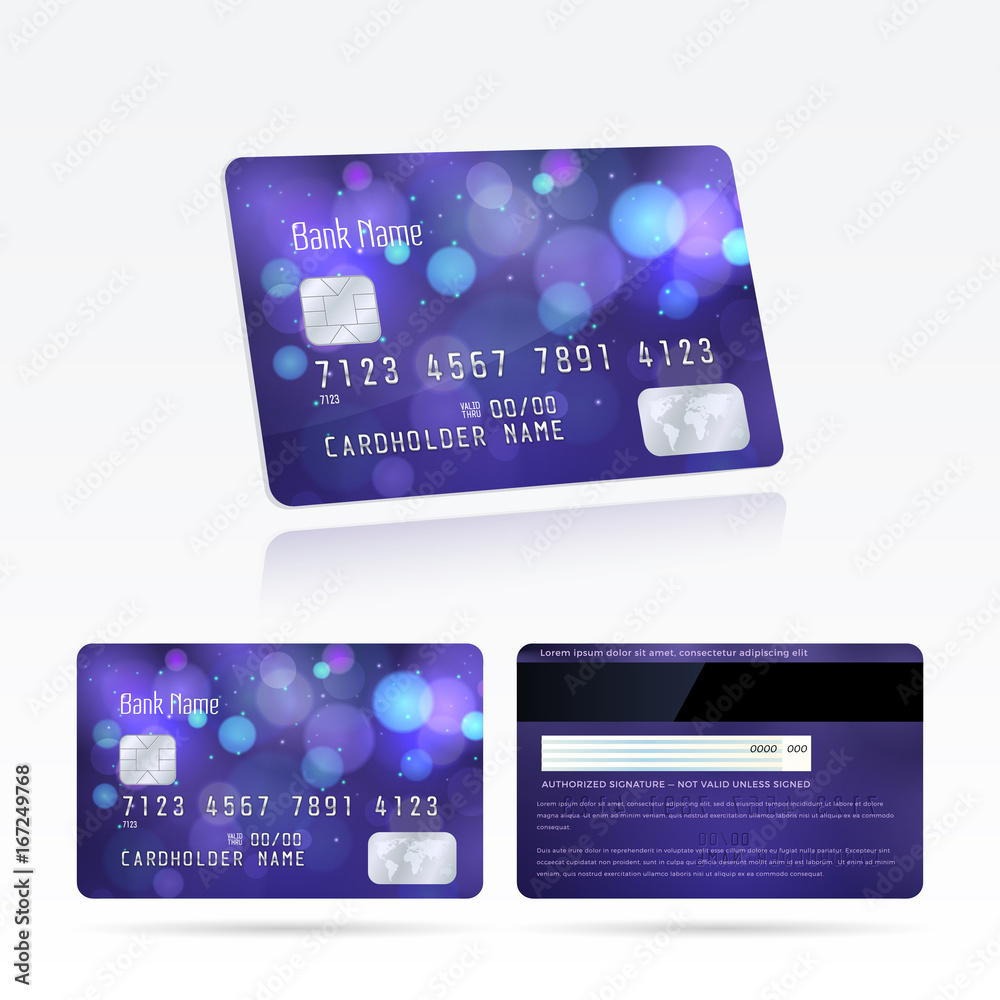 Vector template and design credit cards with effect bokeh on the violet background. Modern layout with lights and blur effect for business, payment history, shopping. Isolated from the background.