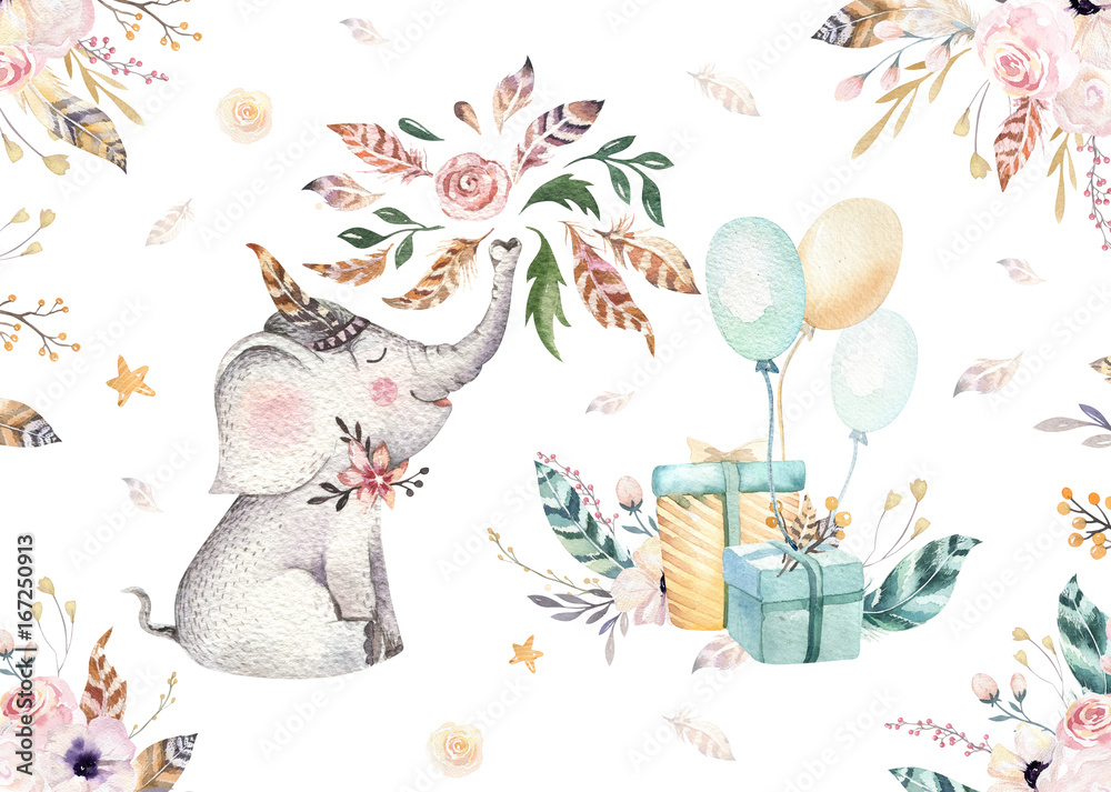 Cute baby elephant nursery animal isolated illustration for children. Bohemian watercolor boho forest elephant family drawing, watercolour image. Perfect for nursery posters, patterns. Birthday