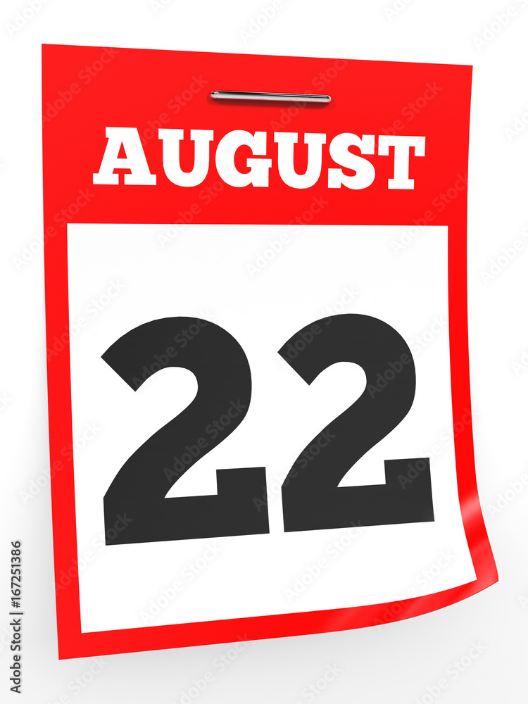 August 22. Calendar on white background. August 22. Calendar on white background.