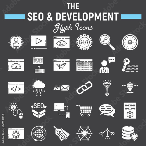 SEO and development glyph icon set, business symbols collection, marketing vector sketches, logo illustrations, business signs solid pictograms package isolated on black background, eps 10.