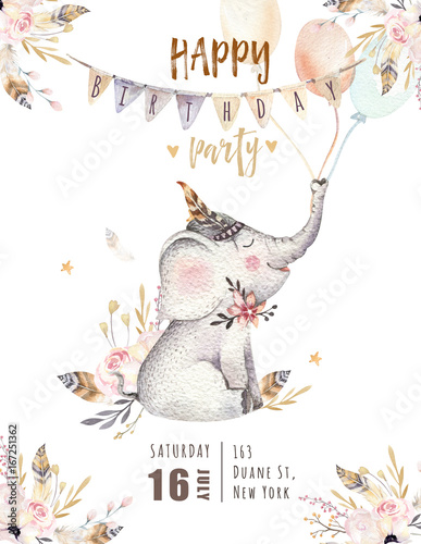 Cute baby elephant nursery animal isolated illustration for children. Bohemian watercolor boho forest elephant family drawing, watercolour image. Perfect for nursery posters, patterns. Birthday photo