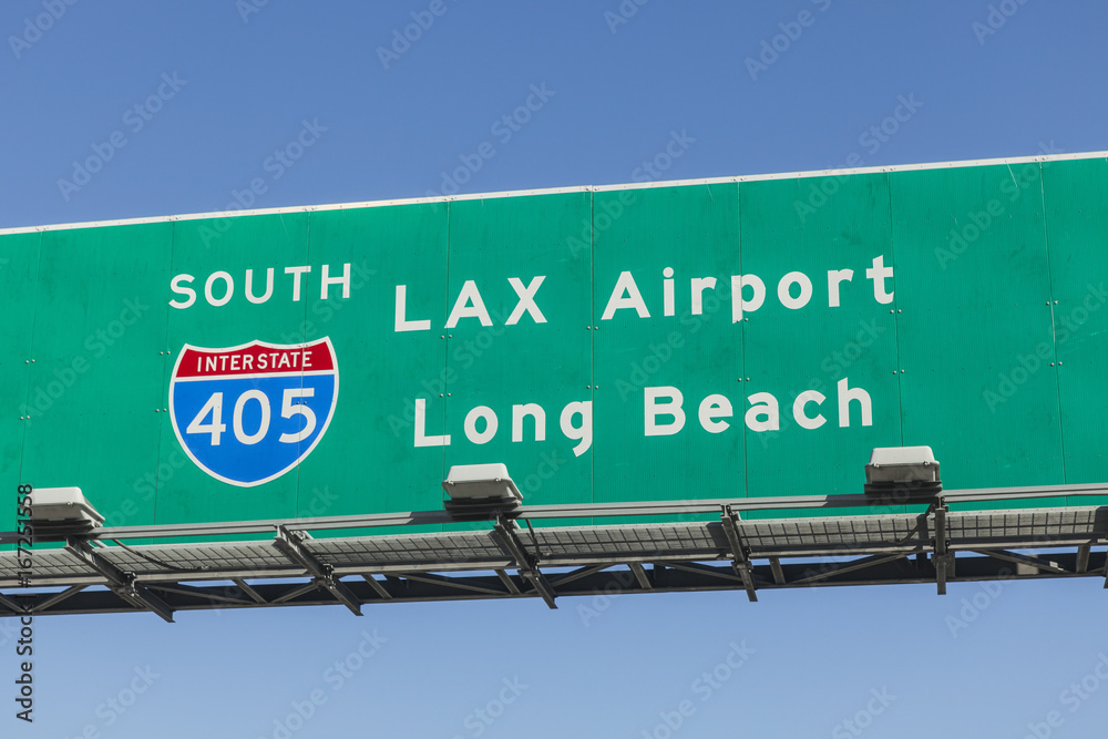 LAX Airport and Long Beach overhead freeway sign on Interstate 405 south in Los Angeles, California. 