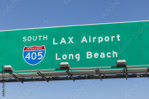 LAX Airport and Long Beach overhead freeway sign on Interstate 405 south in Los Angeles, California. 
