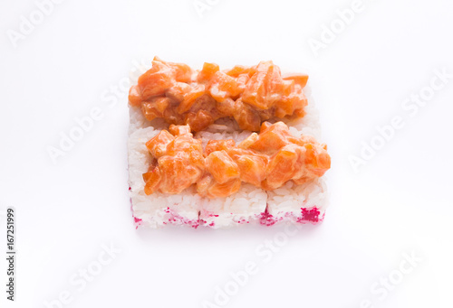 Set of rolls with soft cheese and salmon on top, isolated