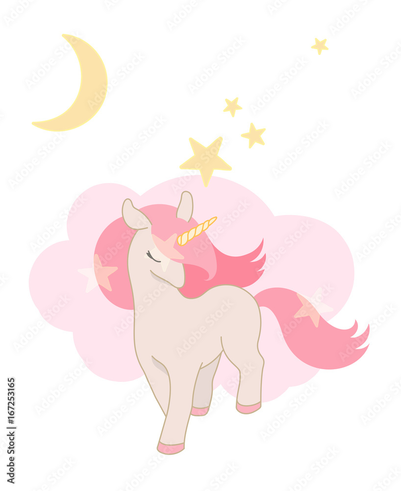 Cute Unicorn, little Pony with pink hair. Lovely graphics for t-shirts, greeting cards.