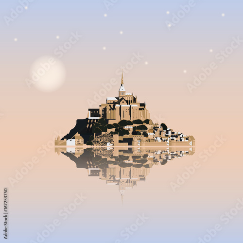 Mont Saint-Michel Abbey at sunset, France. Tidal island, town and abbey. Vector illustration EPS10