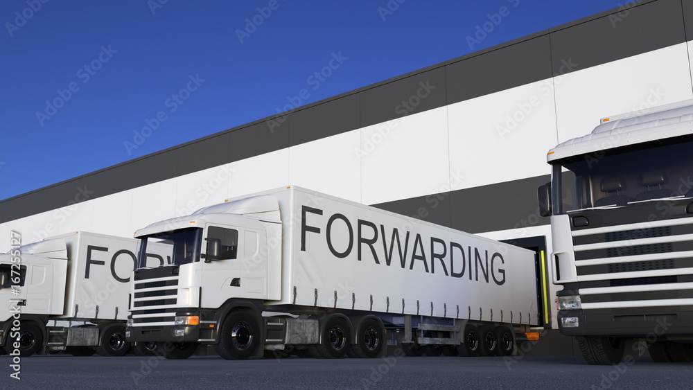 Freight semi truck with FORWARDING caption on the trailer loading or unloading. Road cargo transportation 3D rendering