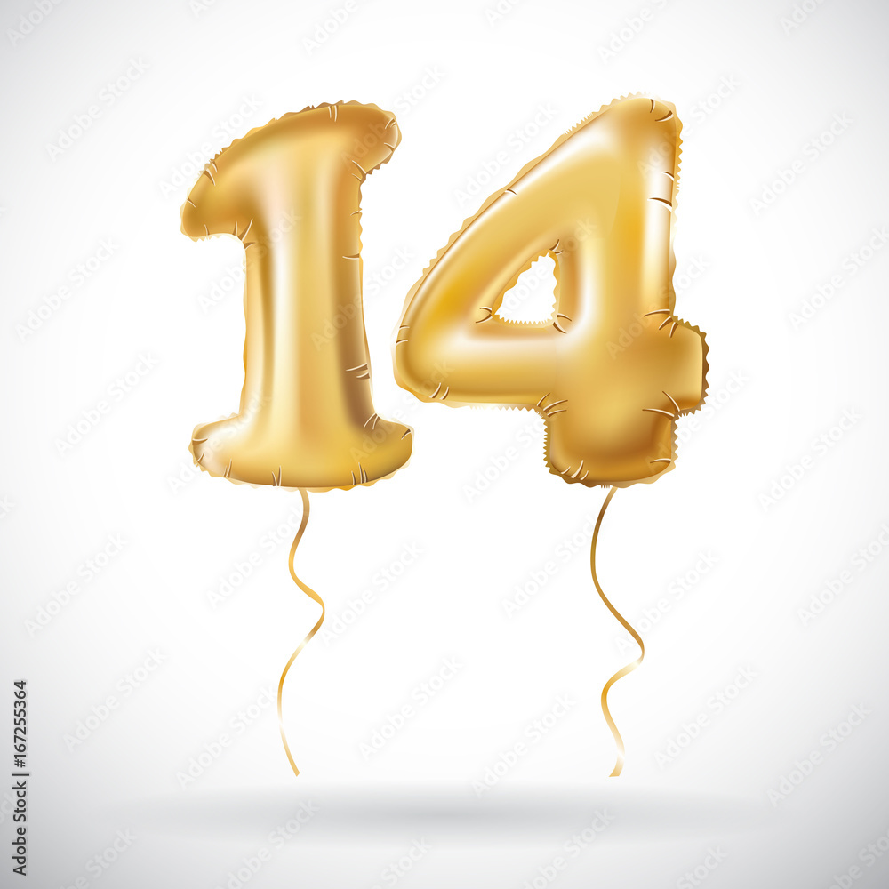 Stockvector vector Golden 14 number fourteen metallic balloon