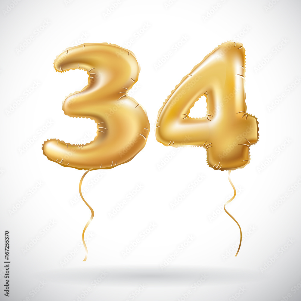 vector Golden 34 number thirty four metallic balloon. Party decoration  golden balloons. Anniversary sign for happy holiday, celebration, birthday,  carnival, new year. Stock Vector | Adobe Stock