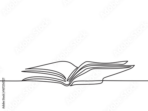 Opened book with pages isolated on white. Continuous line drawing. Vector illustration