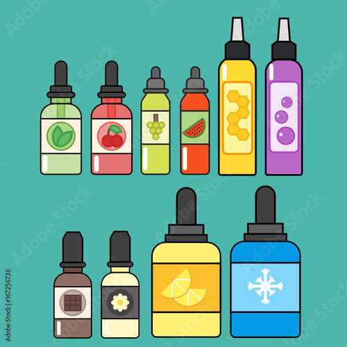 Vape device vector set cigarette vaporizer vapor juice bottle flavor illustration battery coil.