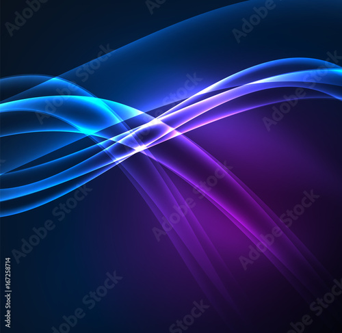 Energy lines, glowing waves in the dark, vector abstract background