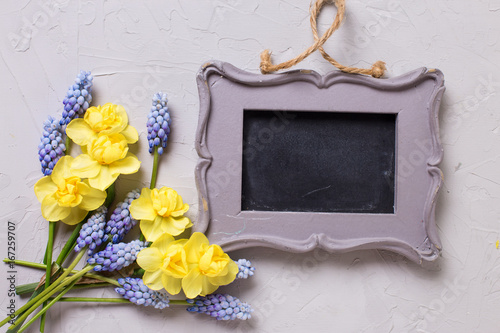 Fototapeta Naklejka Na Ścianę i Meble -  Yellow and blue spring flowers  and empty   frame  on grey textured  background.