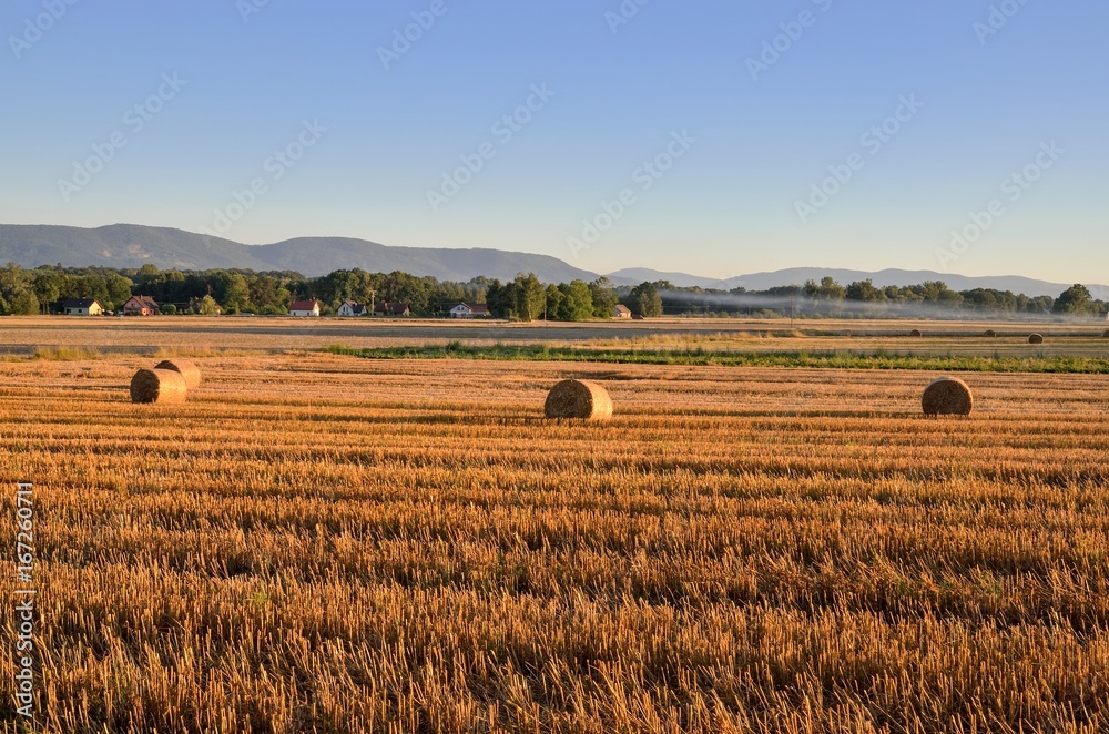 Summer rural landscape. Haystack in a meadow with mountain landscape.