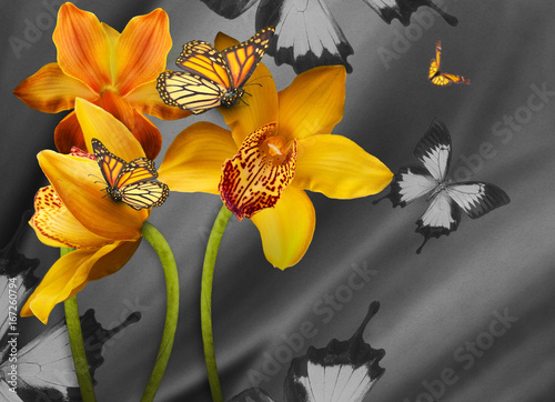 Floral background of orchids, bright flowers on a gray. Applied a filter with grain. © seqoya