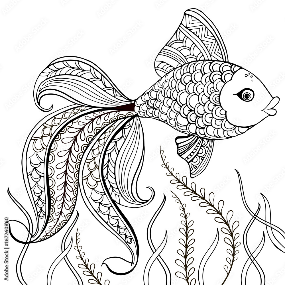 Hand drawn decorative fish for for the anti stress coloring page. Hand ...
