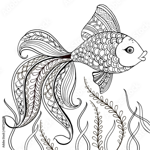 Hand drawn decorative fish for for the anti stress coloring page. Hand drawn black decorative fish isolated on white background