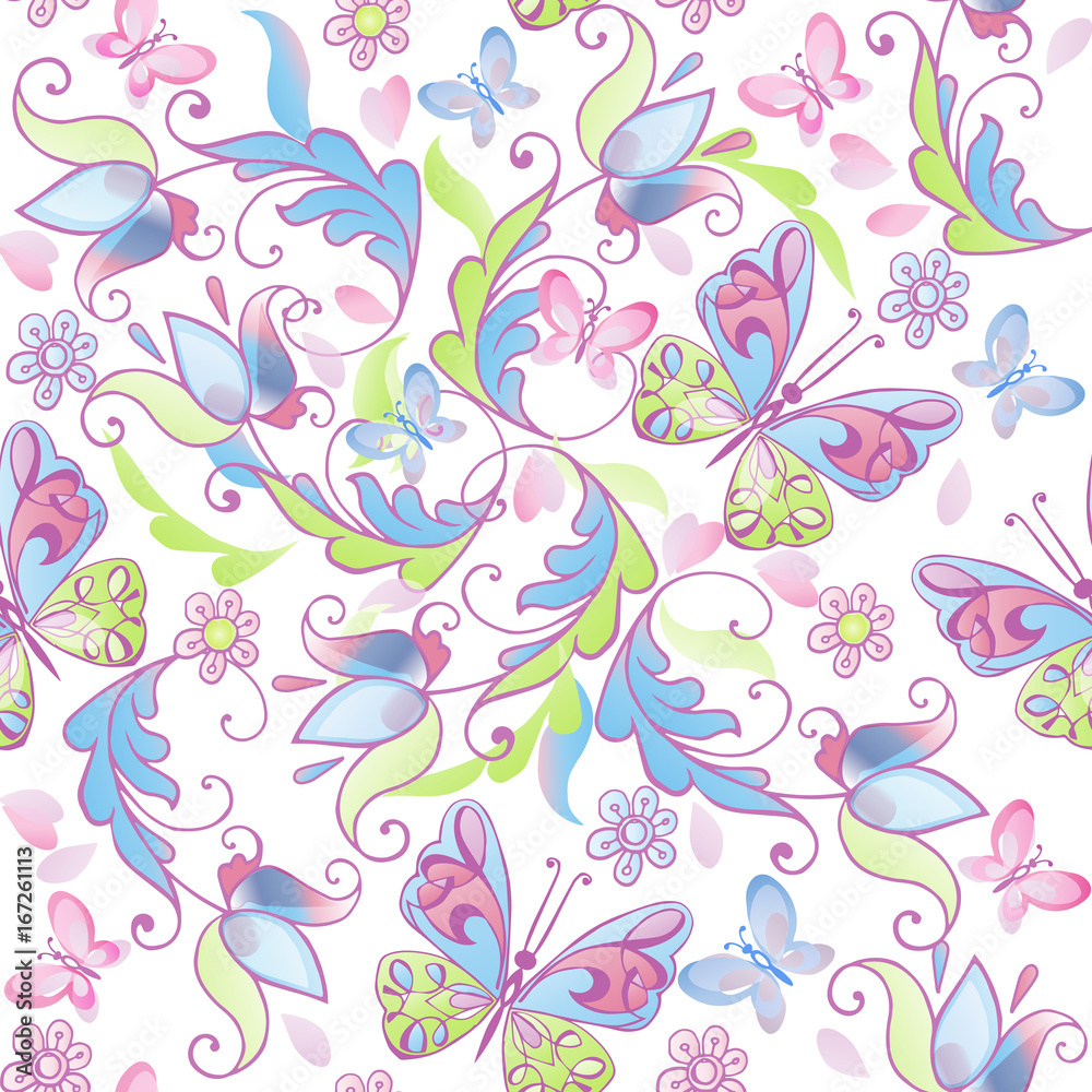 Cute floral seamless pattern with pink and blue butterflies. Decorative ornament backdrop for fabric, textile, wrapping paper. Vector illustration