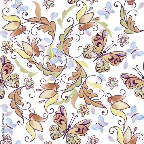 Cute floral seamless pattern with blue butterflies. Vector floral background for greeting cards, invitations. Decorative ornament backdrop for fabric, textile, wrapping paper