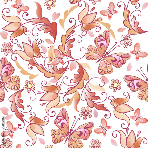 Cute pink floral seamless pattern with butterflies and hearts. Vector floral seamless pattern for greeting cards, invitations. Decorative ornament backdrop for fabric, textile, wrapping paper