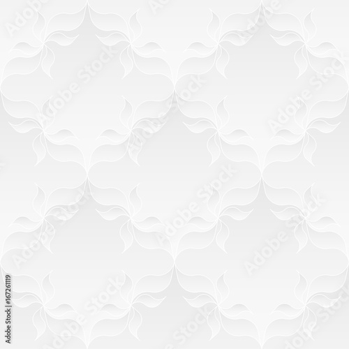 Neutral white texture. Decorative background with 3d pleated paper effect. Vector seamless repeating pattern with floral elements.