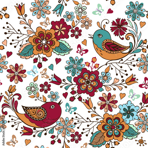 Colorful seamless pattern with birds, flowers and hearts. Seamless texture can be used for fabric, textile,wallpapers, pattern fills, web page backgrounds
