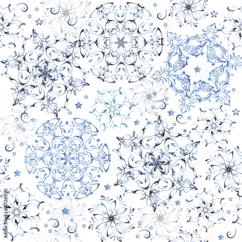 Exquisite blue seamless background of snowflakes and stars. Background of snowflakes can be used for textiles, wrapping paper, background for web
