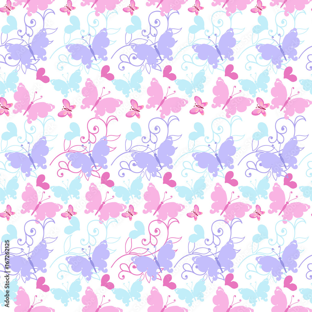 Cute Floral seamless pattern with blue and pink butterflies and hearts. Decorative ornament backdrop for fabric, textile, wrapping paper