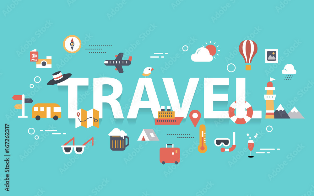 Travel banner concept with icons design on blue background Travel banner concept with icons design on blue background