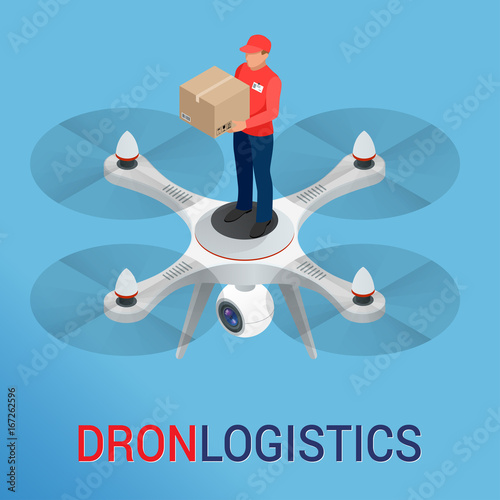 Drone logistics network Flat vector illustration Isometric Drone Fast Delivery of goods in the city. Technological shipment innovation concept. Autonomous logistics.