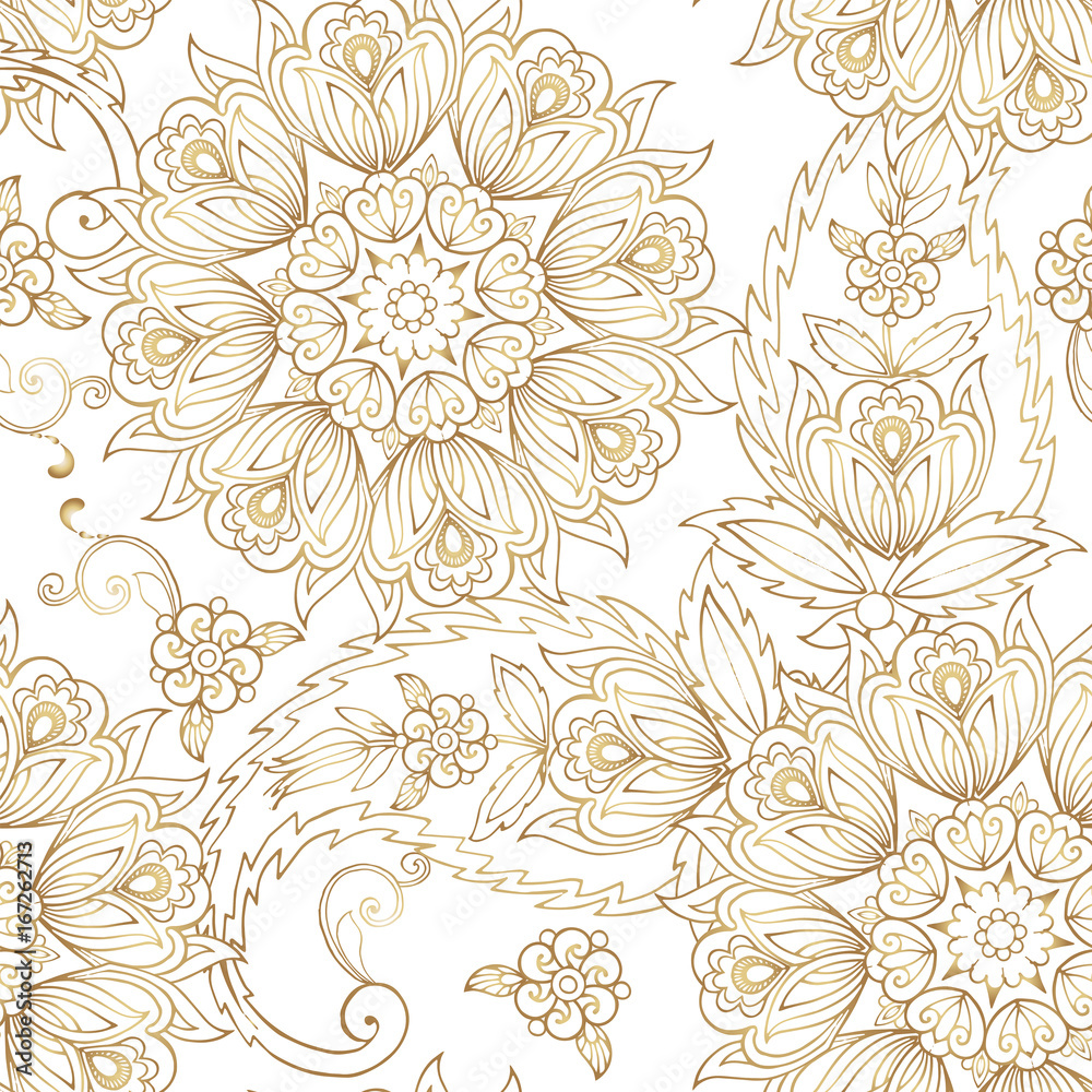 Fototapeta Elegant Oriental seamless pattern with paisley. Decorative gold ornament backdrop for fabric, textile, wrapping paper