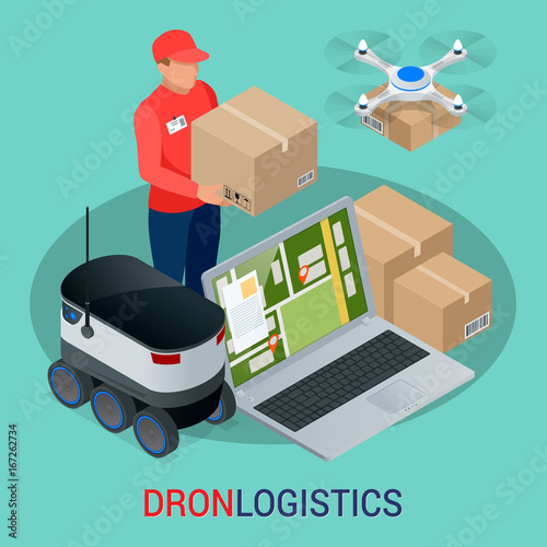 Isometric Drone Fast Delivery of goods in the city. Technological shipment innovation concept. Autonomous logistics.