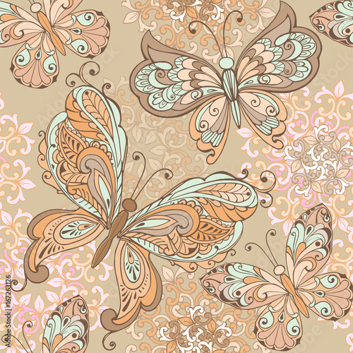 Trendy Seamless Floral Print in pastel colors. Seamless pattern with decorative butterflies in pastel colors. Vector illustration
