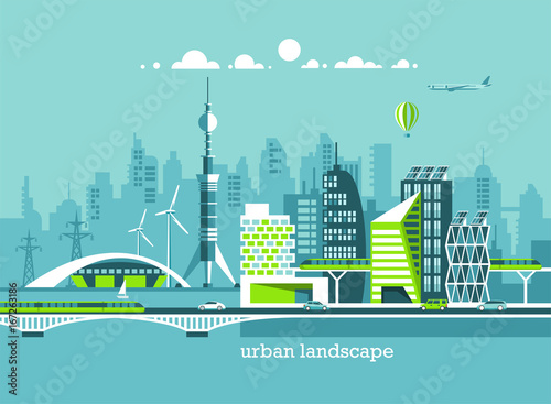 Green energy and eco friendly city. Modern architecture, buildings, hi-tech houses, skyscrapers. Flat vector illustration. 3d style.