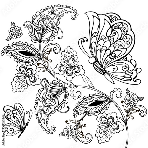 Hand drawn paisley pattern and butterflies for the anti stress coloring page