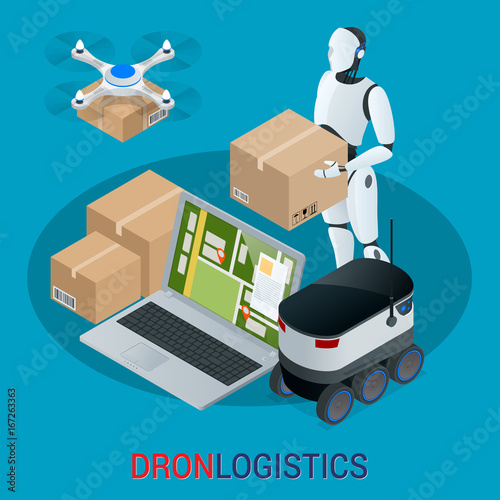 Isometric Drone Fast Delivery of goods in the city. Technological shipment innovation concept. Autonomous logistics