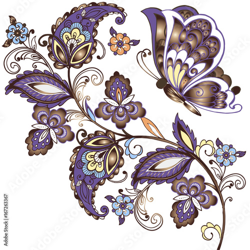 Elegant vector background with butterflies and Eastern ornament. Gold Floral ornament paisley
