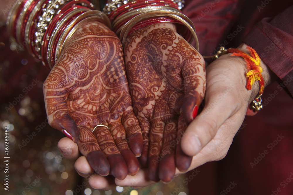 Close-up of mendi on a brides hands 