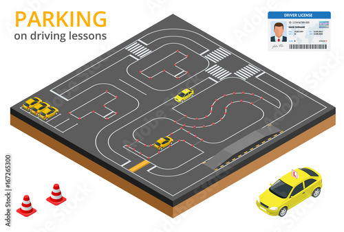 Trained in driving school concept Parking on driving lessons and test drive