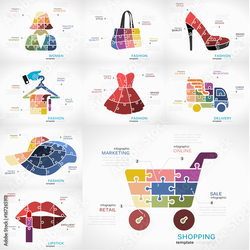 Shopping infographic pack with Fashion, Women, Delivery and Lipstick puzzle illustrations