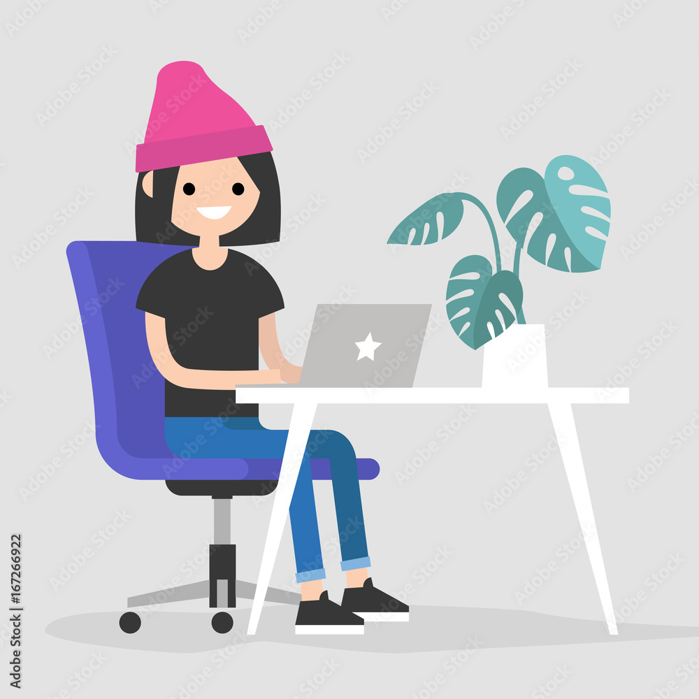 Working space. Young female character typing on a laptop / flat editable vector illustration, clip art