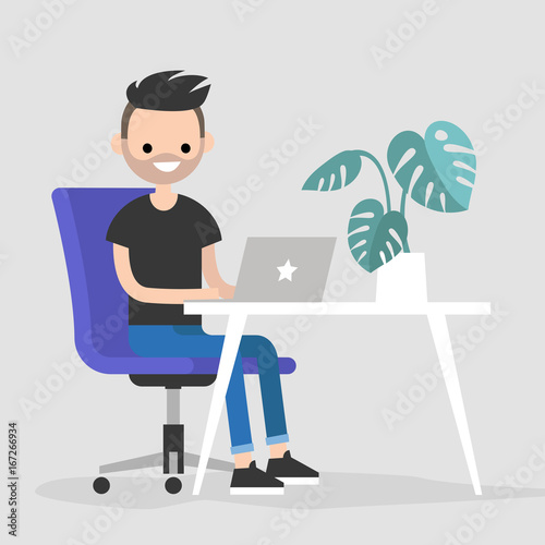 Working space. Young character typing on a laptop / flat editable vector illustration, clip art