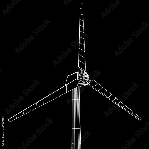 Wind turbine with propeller. Windmill generator wireframe low poly mesh. Vector illustration